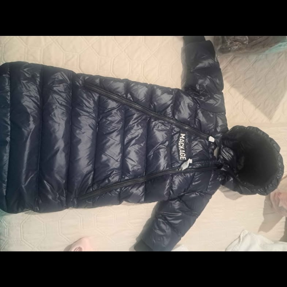 Mackage Navy Quilted Long Down Coat with Hood